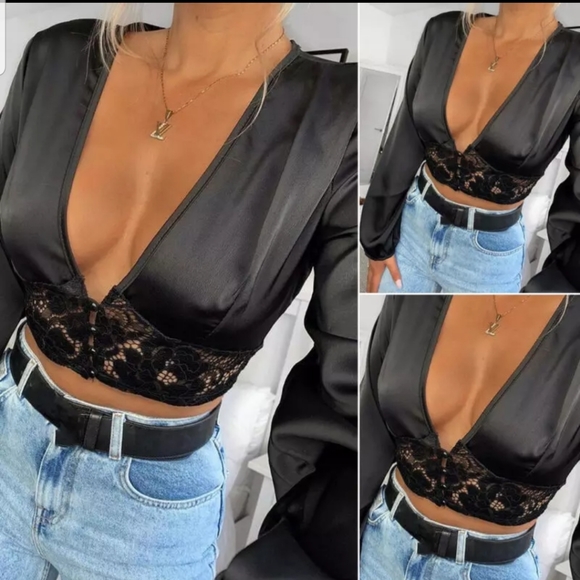 ⭐ Hot & Sexy Black Deep V Long Sleeve Crop Top - Picture 2 of 8